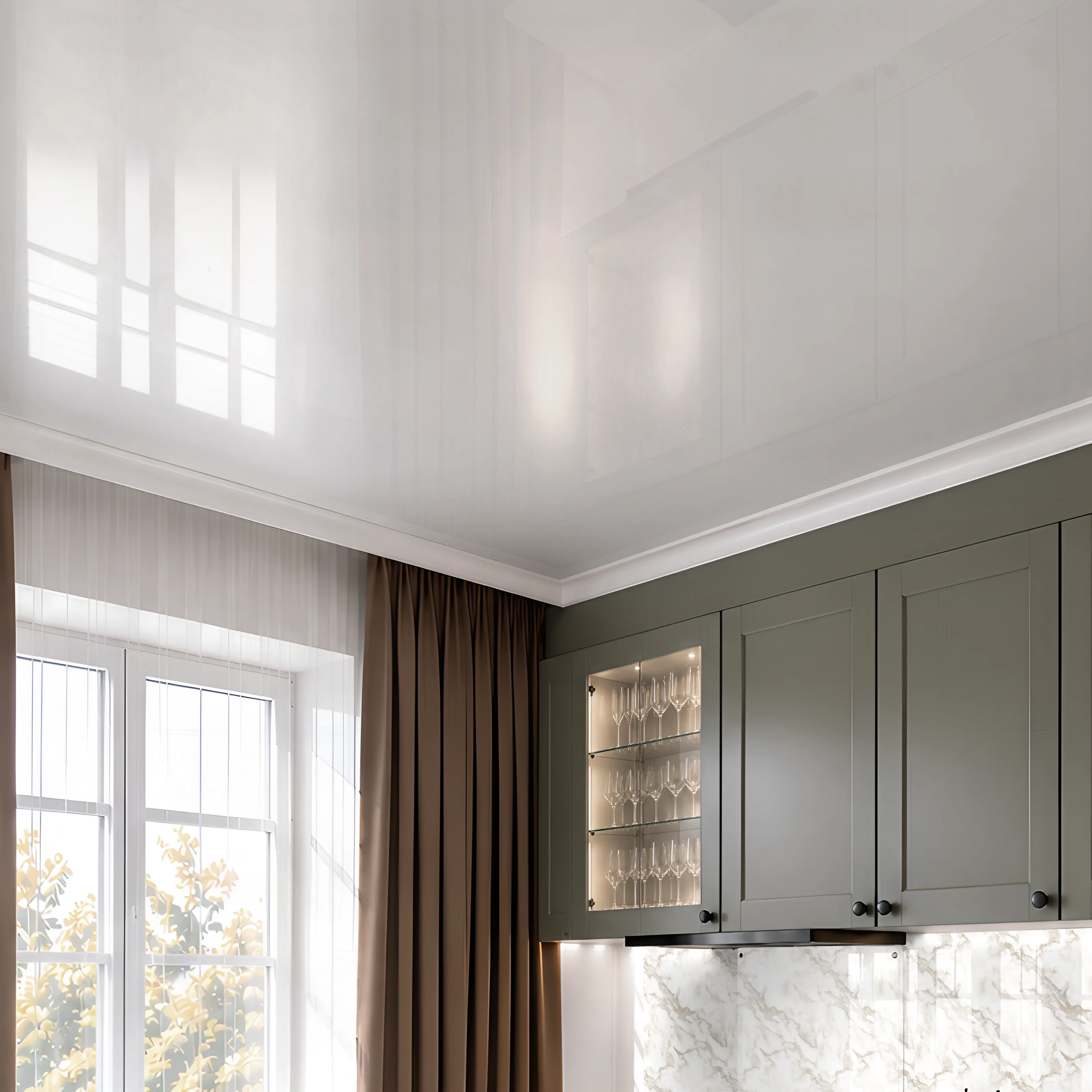 Светлый потолок в современной кухне с материалами AMODECOR