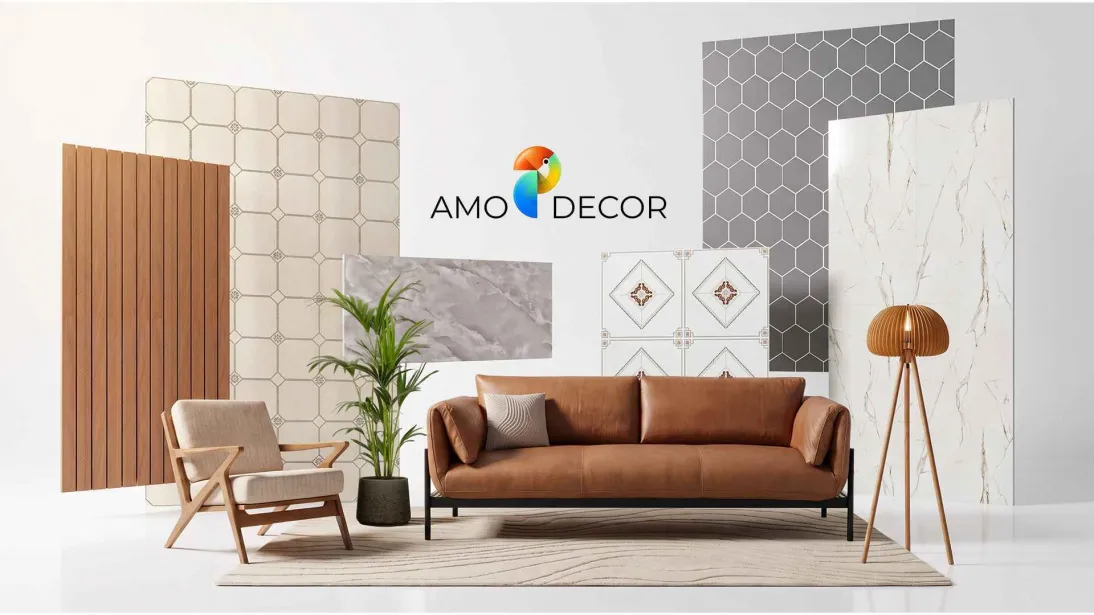 Интерьер с декоративными панелями и логотипом AMODECOR